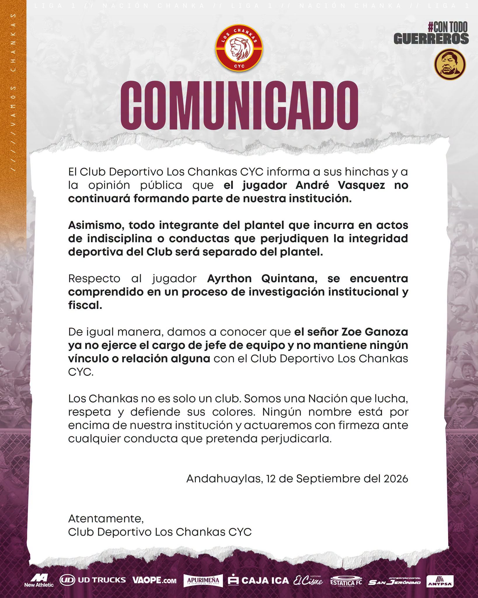 Comunicado Oficial: Medidas institucionales y disciplinarias